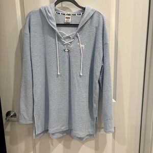 Pink Victoria Secret Terry Powder Blue Pullover Hoodie W/Lace-Up/Logo on Back